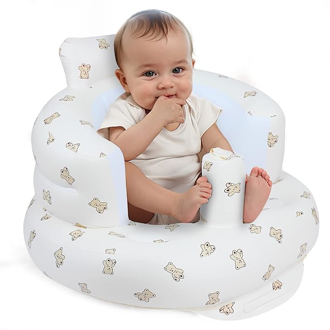 Inflatable Baby Seat with Harness โ Blow Up Floor Chair for Infants (3 Months & Up) with Built-in Air Pump โ Bear Design