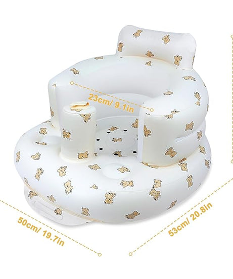 Inflatable Baby Seat with Harness – Blow Up Floor Chair for Infants (3 Months & Up) with Built-in Air Pump – Bear Design