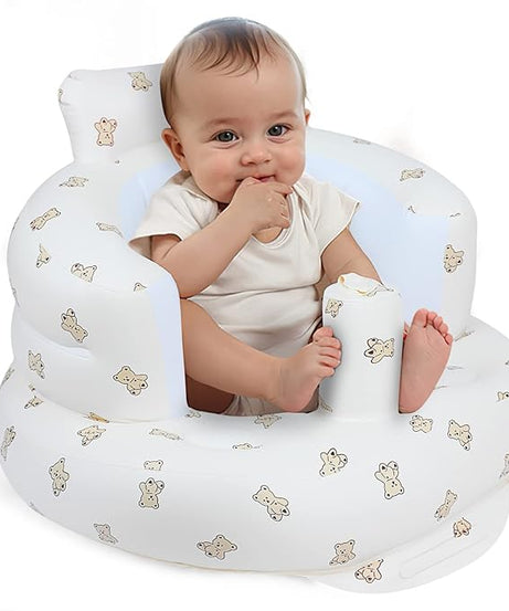 Inflatable Baby Seat with Harness – Blow Up Floor Chair for Infants (3 Months & Up) with Built-in Air Pump – Bear Design