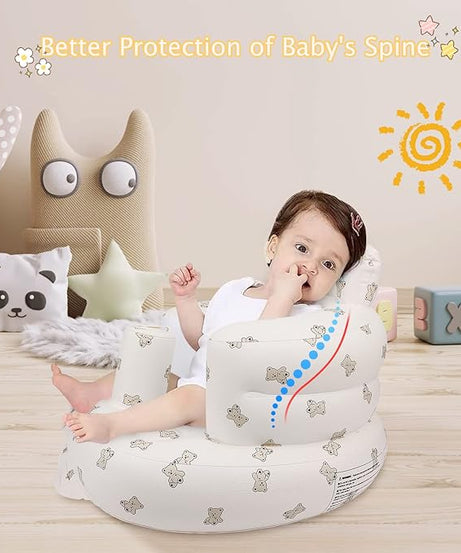 Inflatable Baby Seat with Harness – Blow Up Floor Chair for Infants (3 Months & Up) with Built-in Air Pump – Bear Design