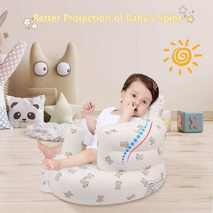 Inflatable Baby Seat with Harness – Blow Up Floor Chair for Infants (3 Months & Up) with Built-in Air Pump – Bear Design