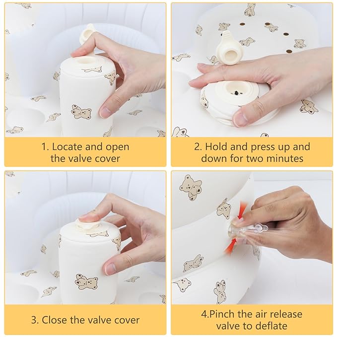 Inflatable Baby Seat with Harness – Blow Up Floor Chair for Infants (3 Months & Up) with Built-in Air Pump – Bear Design