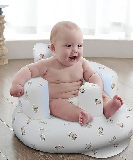 Inflatable Baby Seat with Harness – Blow Up Floor Chair for Infants (3 Months & Up) with Built-in Air Pump – Bear Design