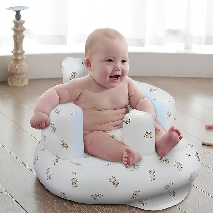 Inflatable Baby Seat with Harness – Blow Up Floor Chair for Infants (3 Months & Up) with Built-in Air Pump – Bear Design