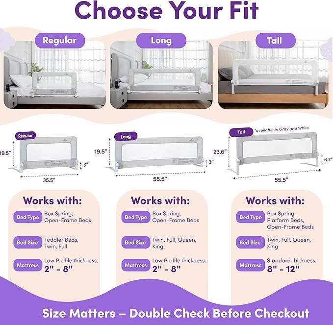 tra Long Toddler Bed Rail Guard – 55.5" Swing Down Safety Side Rail (Fits Twin, Full, Queen & King)
